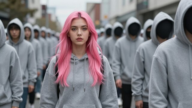 A defiant young woman with vibrant pink hair walks confidently through a line of faceless individuals in gray hoodies, symbolizing individuality against conformity.