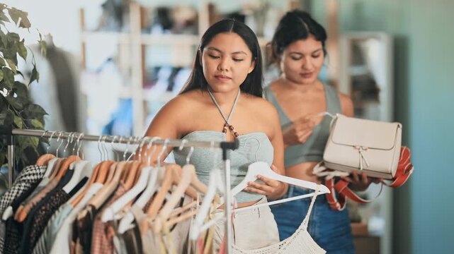 Girl client chooses dress or tank top, female assistant consultant offers to complement outlook wardrobe, purchase bag. Concept of seasonal fashion shopping