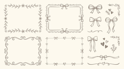 Fototapeta premium Hand Drawn Coquette Vintage Frames and Ribbon Bow Set