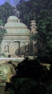 Hidden amidst vibrant foliage, an ancient temple stands proudly, showcasing intricate stonework. This serene location invites exploration and contemplation in the bright daylight.