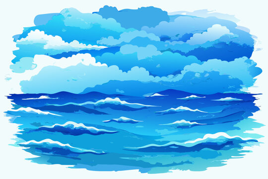 Vibrant blue vector illustration featuring stylized rolling ocean waves beneath fluffy clouds in a clean flat graphic design artistic style