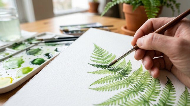 Artist painting a fern leaf with watercolors on white paper, close-up shot.