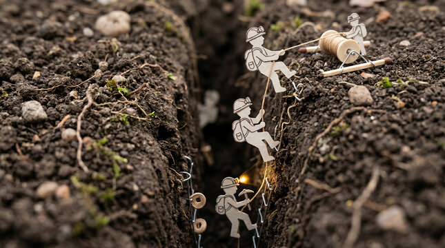 Paper-cutout miniature figures rappel into a profound crack in the dry earth using glowing tools.