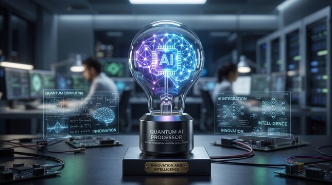 Glowing light bulb with integrated quantum artificial intelligence processor sitting on a metallic desk inside a professional high tech laboratory environment filled with computer data servers