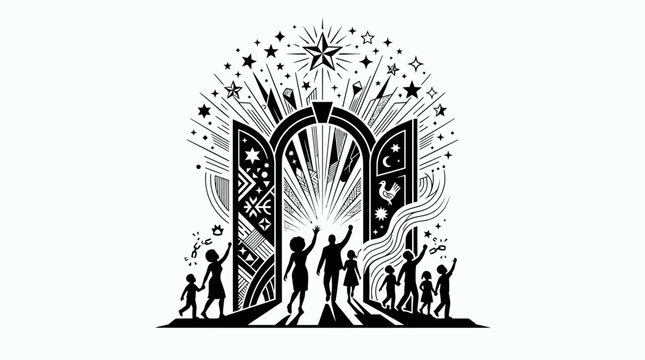 Juneteenth celebration vector illustration with people walking through a symbolic gateway.