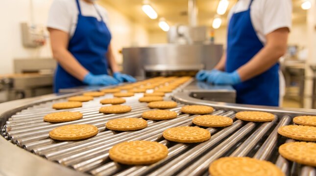 Cookies on a production line in a food factory.