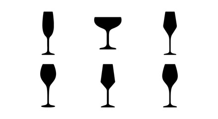 Set of Six Black Silhouette Drinkware Icons, Elegant Barware Glasses Collection © AMINURISLAM