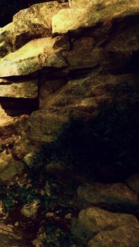Golden light dances on rugged stones creating a warm atmosphere. Shadows play among the crevices and lush greenery, inviting exploration of this tranquil outdoor sanctuary.
