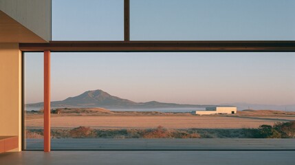 Fototapeta premium View from modern minimalist wooden house through large glass window looking out to golden dry field distant mountain and simple building under soft warm sunset light