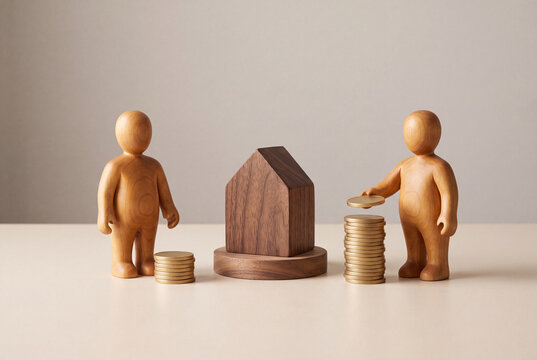 Bidding war for a house, two wooden figures with unequal coin stacks competing for one home on a plinth