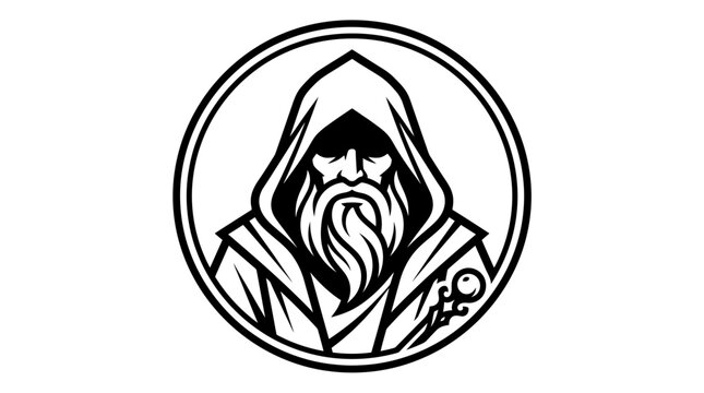 Wizard or mage character icon, black and white vector illustration of a hooded sorcerer.