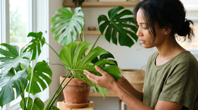 Woman tending to large Monstera plant indoors with natural light
