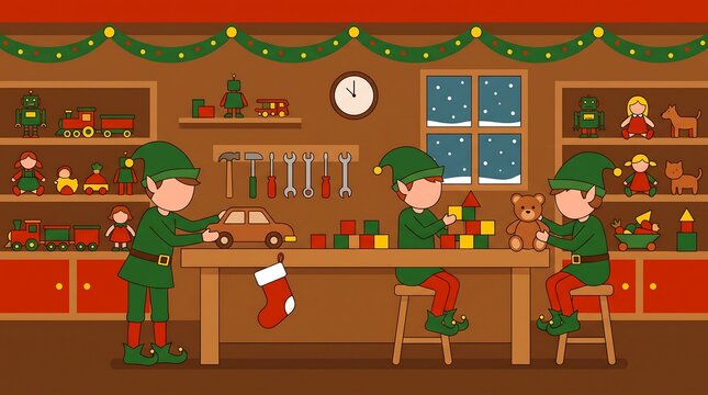 Pixel art Christmas elves working in Santa Claus workshop making toys at wooden table