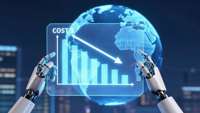 Robotic hands manipulate a holographic graph showing declining costs against a digital globe, symbolizing global efficiency through artificial intelligence.