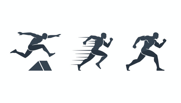 Set of three dark grey silhouettes of running athletes showing a hurdler and two sprinters in fast motion.