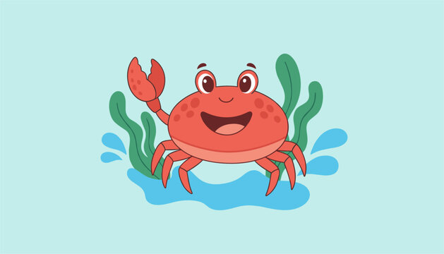Friendly cartoon red crab smiling with raised claws in the sea water with green seaweed on a blue background.