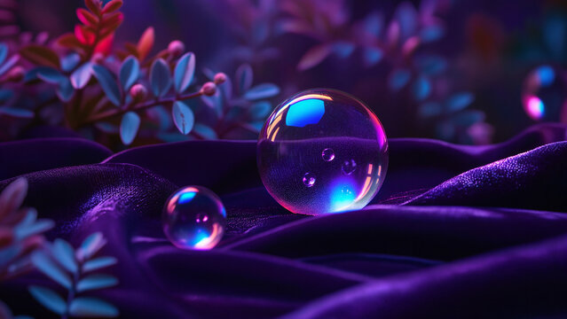 Glowing glass spheres resting on dark purple velvet fabric with neon light reflections
