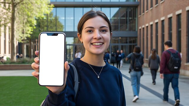 Happy woman holding smartphone with blank screen outdoors in modern city campus