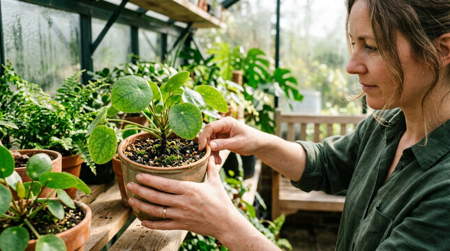 Woman tending to Chinese money plant in greenhouse, close-up on hands and leaves