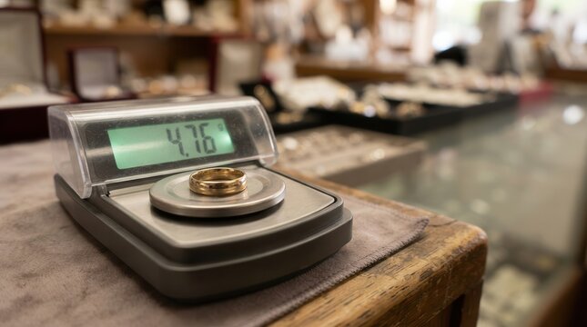 A precise digital scale measuring the weight of a golden wedding band in a professional jewelry store appraisal setting for accurate market valuation