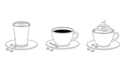 Fototapeta premium Line art illustration of three coffee cup options including a tall glass, espresso, and coffee with cream.