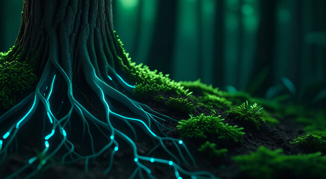 Glowing blue light trails running through tree roots in a dark forest with moss