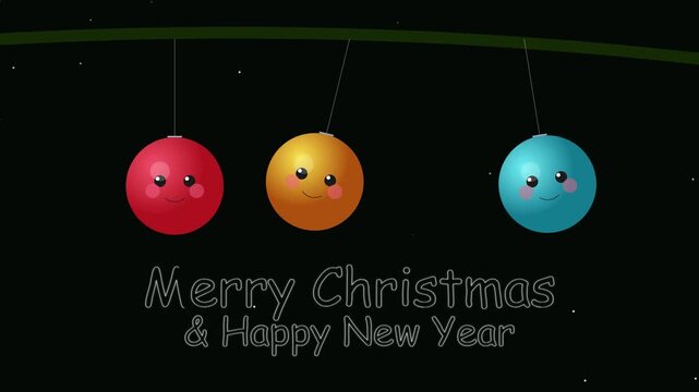 Cute christmas ornaments hanging with festive holiday greeting text