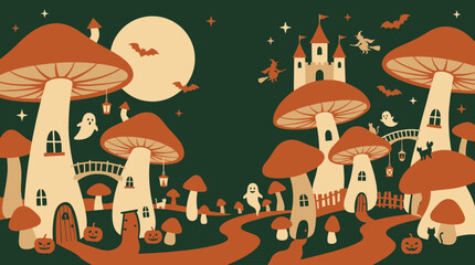 A whimsical halloween landscape featuring spooky mushroom houses a haunted castle and playful ghosts under a full moon
