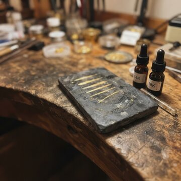 Goldsmith Testing Gold Purity with Acid on Touchstone in a Traditional Workshop Setting for Accurate Precious Metal Valuation and Analysis