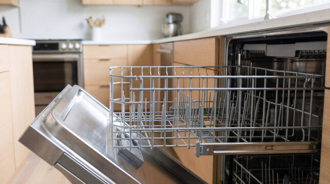 Empty dishwasher rack inside a modern kitchen appliance