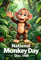 Naklejka premium Cute cartoon monkey waving happily in a lush green jungle for national monkey day celebration