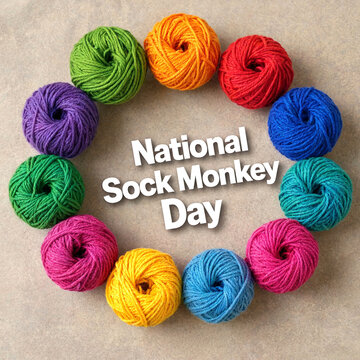 Colorful yarn balls arranged in a circle celebrating national sock monkey day creativity and crafting fun