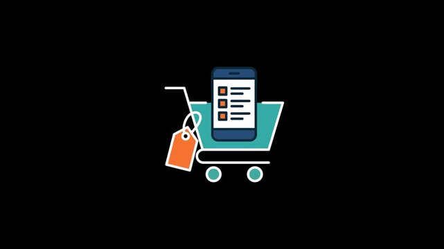 Animation of a smartphone-based online shopping app, a shopping cart, and price tags on a transparent background. Alpha Channel 4K.