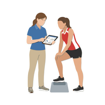Athletic trainer checking player performance data on tablet for sports science, professional team management, healthcare websites