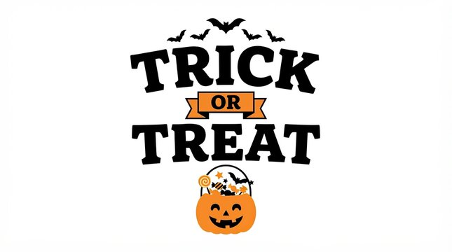 Trick or treat halloween text design with pumpkin and flying bats