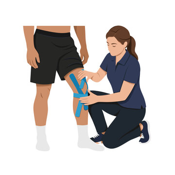 Athletic trainer applying kinesio tape to knee for injury prevention, healthcare physical therapy blogs and websites