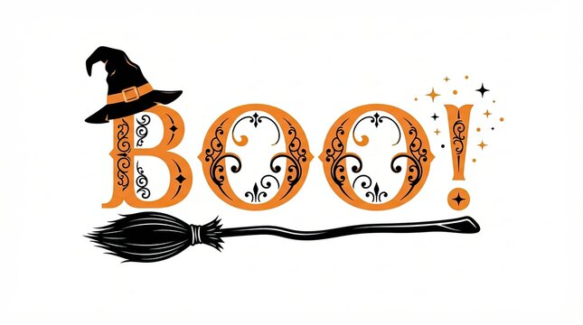 Decorative halloween boo text with witch hat and broomstick illustration