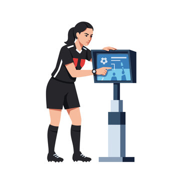 Female referee reviewing VAR decision on monitor for soccer officiating, NWSL sports education, and rule explanation websites