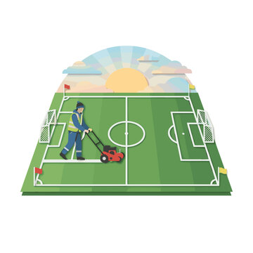 Groundskeeper preparing soccer pitch at dawn for stadium maintenance, sports field care, and facility management blogs