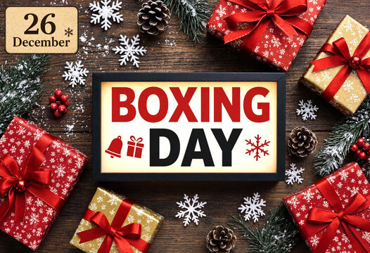 Festive boxing day celebration with wrapped gifts snowflakes and pinecones on wooden table