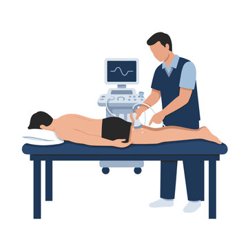 Physical therapist using ultrasound on hamstring for sports medicine, injury rehabilitation, and physical therapy clinics