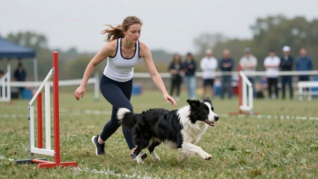 A focused woman guides her border collie as they race past a red-and-white jump during an outdoor dog agility competition.