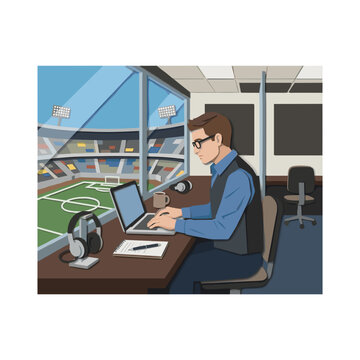 Sports journalist writing article in press box for game coverage and media reporting blogs