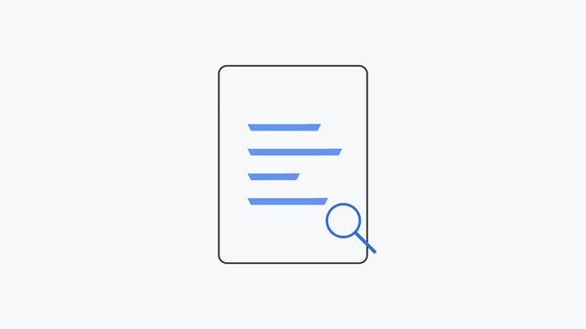 Seamless looping 2D motion graphics animation of corporate analysis workflow showing business report review and research results, vector infographic