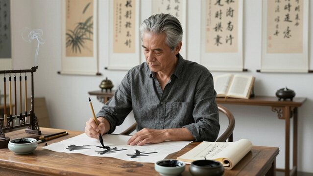 An elderly man practices ancient Chinese calligraphy with a brush and ink, surrounded by scrolls and cultural artifacts in serene indoor setting.