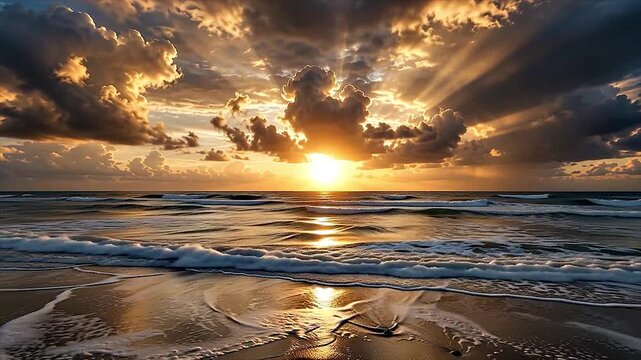 Golden Sunset Over Ocean Waves With Dramatic Sun Rays Clouds