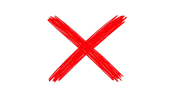 Red marker cross mark symbol hand drawn sketch on white background with negative.