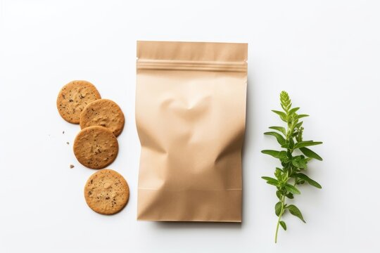 Cookie packaging paper bag plant food white background.