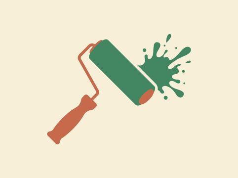 Minimalist graphic illustration of a green paint roller with a splash of green paint.