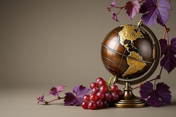 Naklejka premium Bronze globe with golden continents rests near red grapes and purple vine leaves. Autumnal still life composition implies global wine industry harvest. Background copy space.